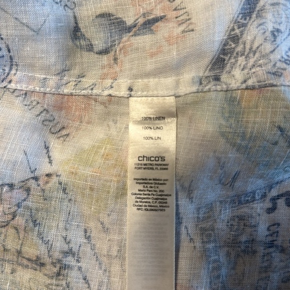 Chico's No-Iron Butterfly Stamp Travel 100 % Linen Button Down 3/4 Sleeve Shirt - Picture 5 of 8
